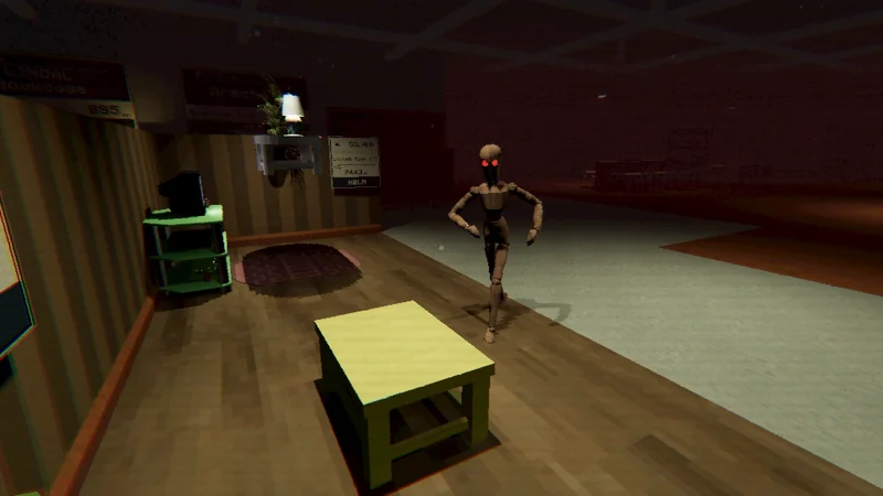 A mannequin approaches a display with levitating furniture